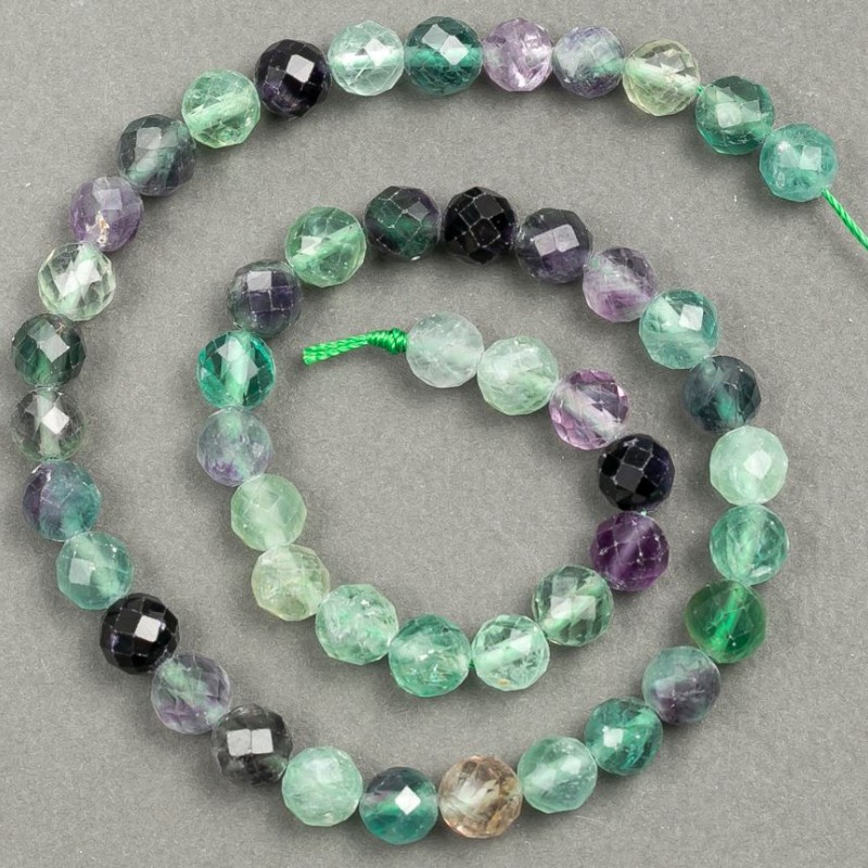 Natural fluorite stone faceted beads on thread, 8 mm diameter, 37 cm length +