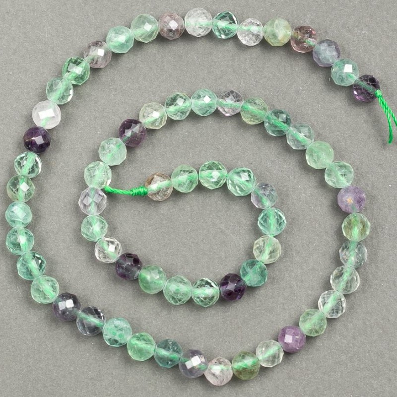 Natural fluorite stone faceted beads on thread, 6 mm diameter, 39 cm long +
