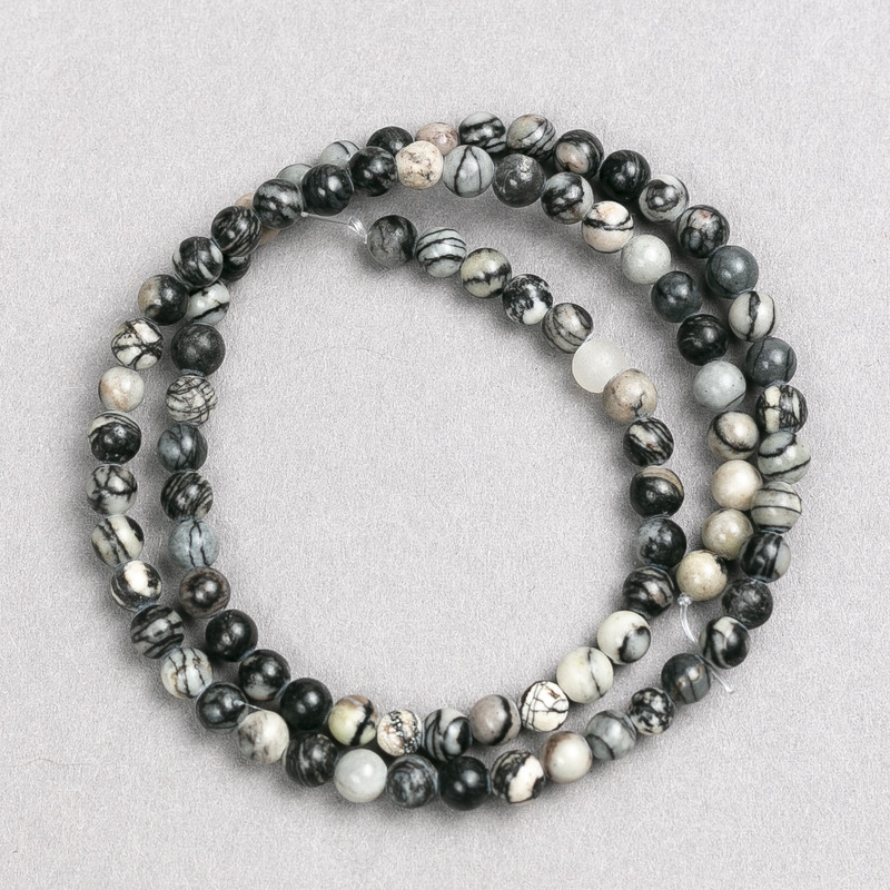 Picasso Jasper Gray Beads on Thread, Smooth Round Beads, 4mm Diameter, 38cm Length