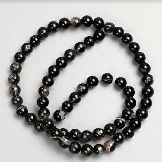 Beads on beading wire, Black agate, natural stone, smooth round beads, 6 mm diameter, 37 cm length +/-