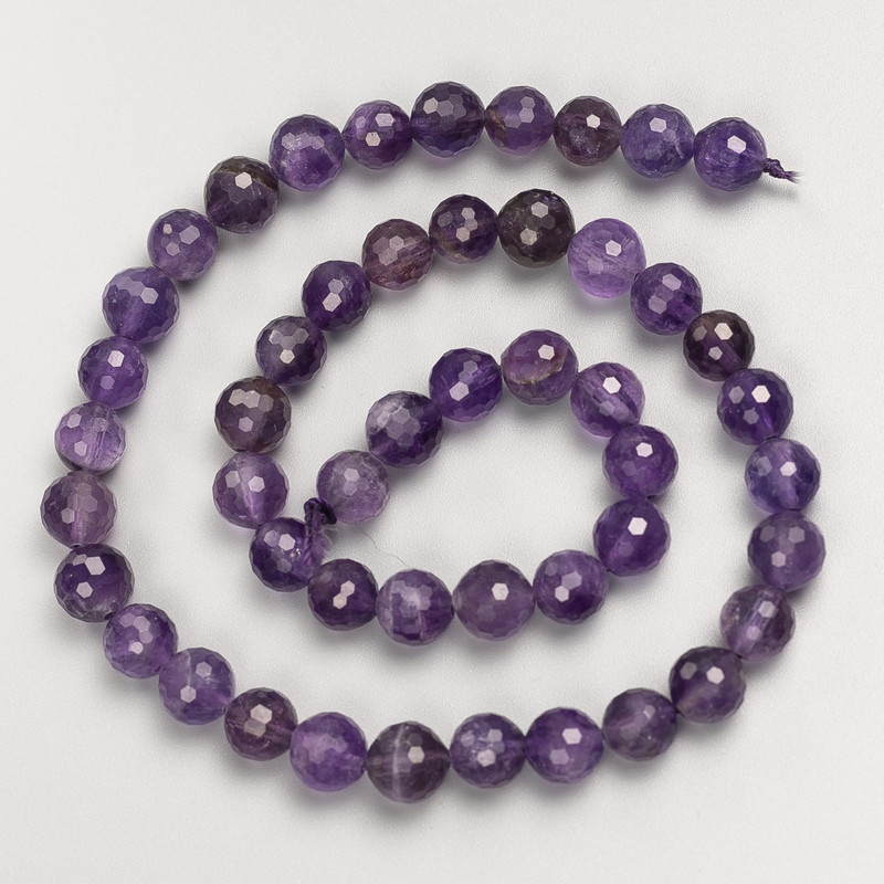Natural Amethyst Beads - Faceted Round Beads on Thread, 8 mm Diameter, 39 cm Length