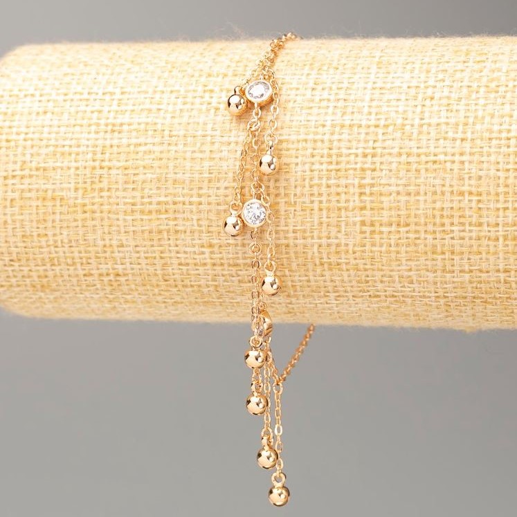 Xuping Bracelet with 18K Gold Plating, Length 18–20 cm, Thickness 1.5 mm ±, with Beads, 4 mm Diameter, with White Rhinestones