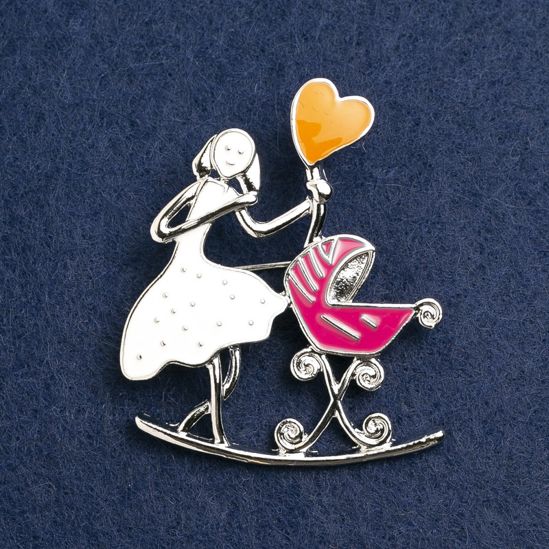 Brooch 'Mother with a Cradle', enamel white, raspberry, silver metal 46x38mm