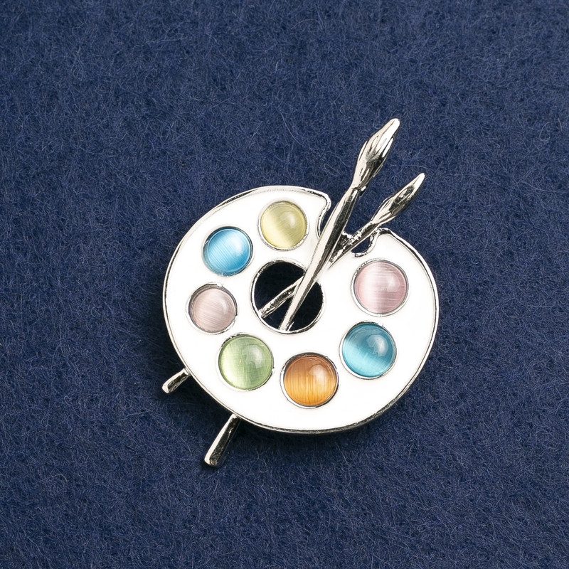 Palette Brooch, multicolored enamel, silver metal 46x34mm