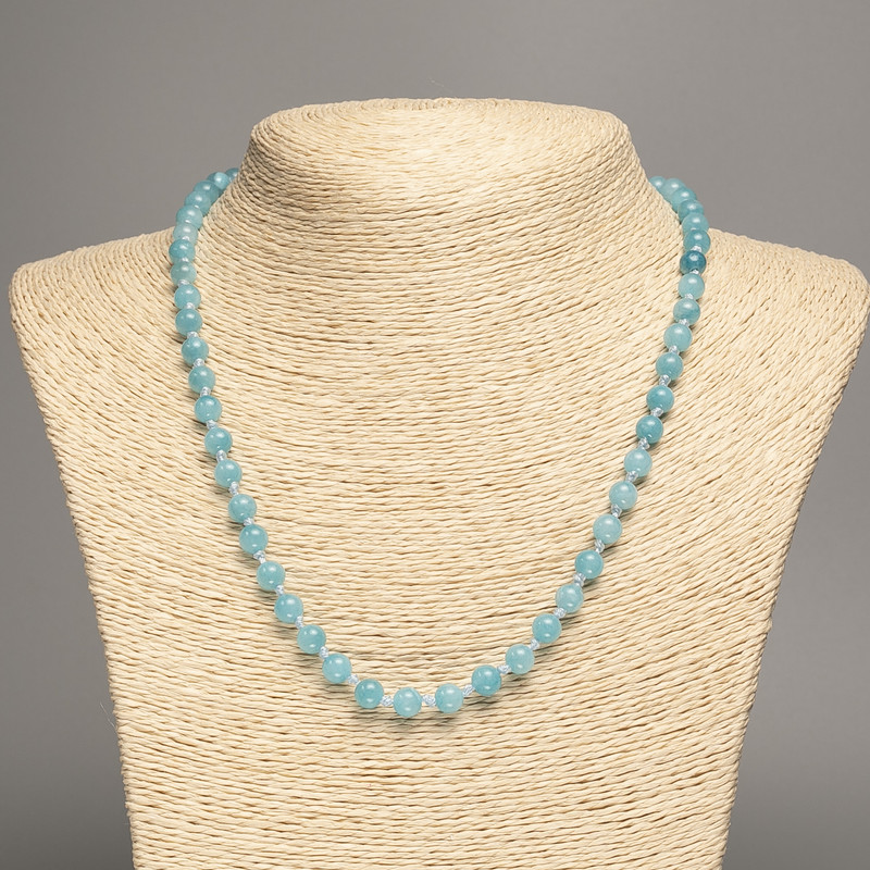 Necklace blue 'Aquamarine' smooth beads, 6mm diameter, 50 cm length, made of white nephrite (synthetically dyed)