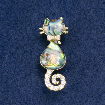 Abalone Cat Brooch with White Crystals, Gold-Tone Metal 38x15mm