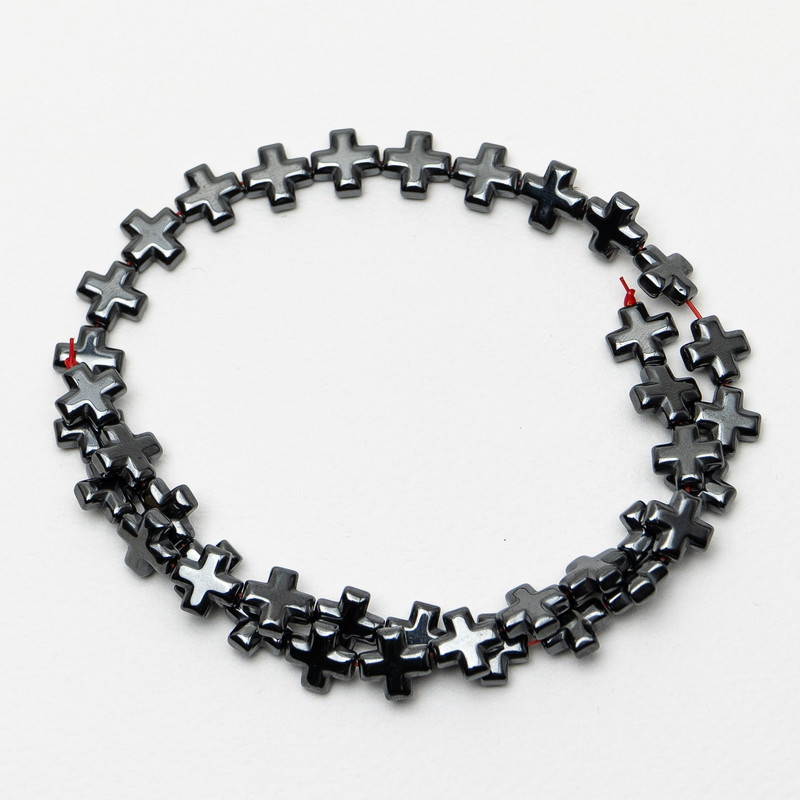 Hematite cross-shaped beads, 10x10x4 mm ±, strand length 40 cm ± on a thread