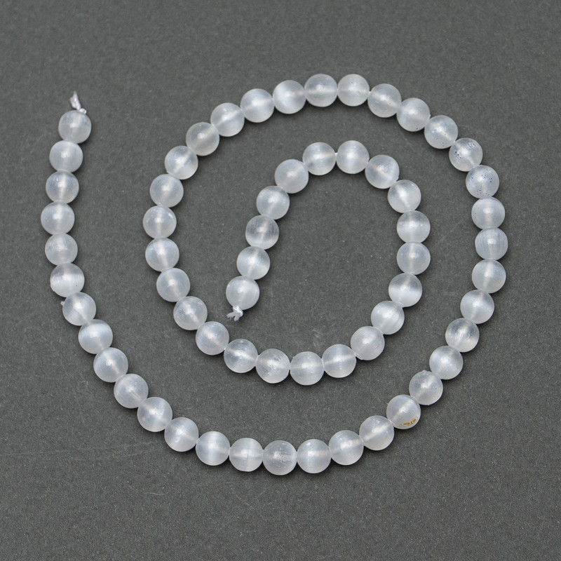 Selenite Beads, Smooth Round, 6.5 mm Diameter, 39 cm on Thread