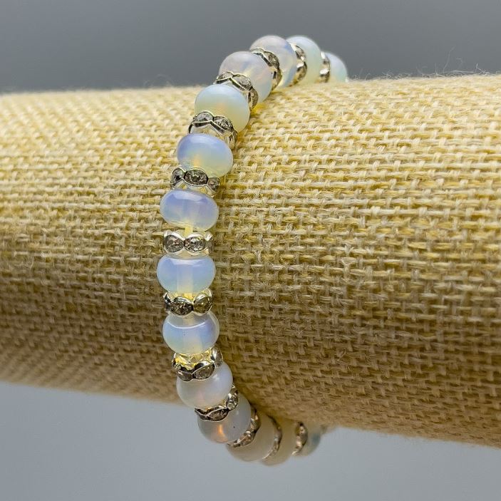 Synthetic Moonstone Bracelet, Smooth Rondelle Beads, 8x5 mm, 18 cm (Stretch), with White Rhinestones