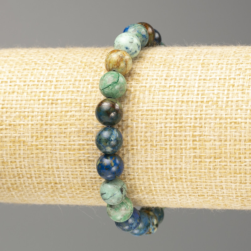 Bracelet Chrysocolla Lazulite Smooth Bead Natural Stone, diameter 8mm±, length 18cm (stretch)