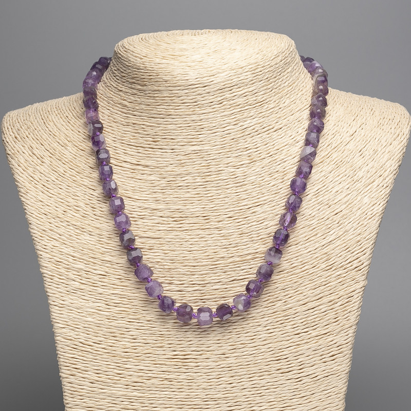 Natural gemstone amethyst necklace, faceted cube, diameter 7 mm, length 50 cm