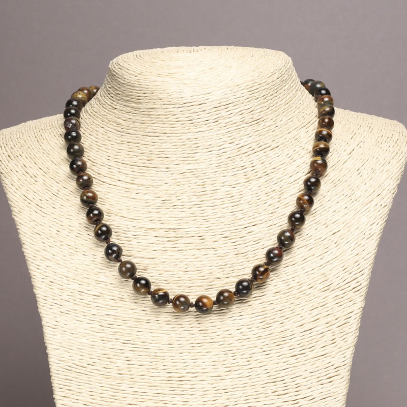 Natural hawk's eye stone necklace with smooth 8 mm beads, length 45 cm