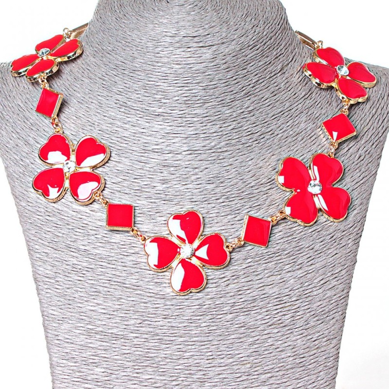 Necklace with Diamond Shapes and Flowers Featuring Hearts with Crystal Centers, Gold-Tone Metal and Red Gloss