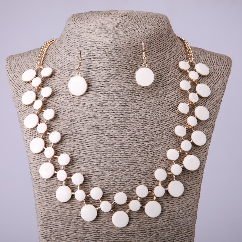 Necklace and Earrings Set with White Enamel, 57–64 cm long