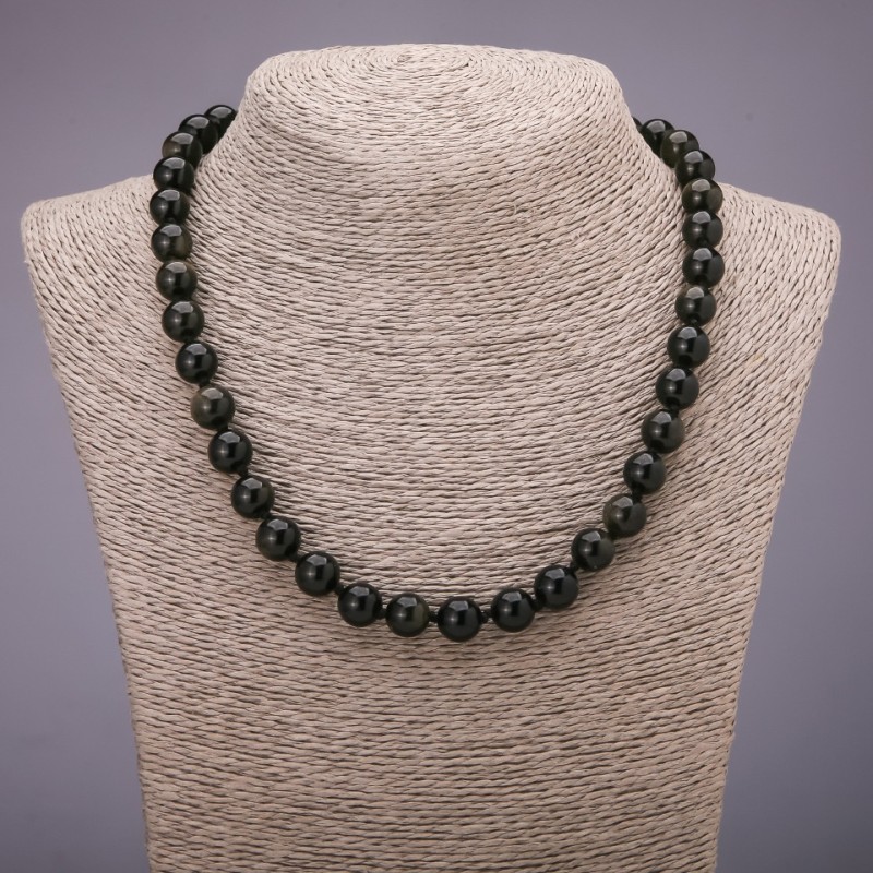 Sun Obsidian Necklace with Smooth Beads, 8mm Diameter, 48 cm Length