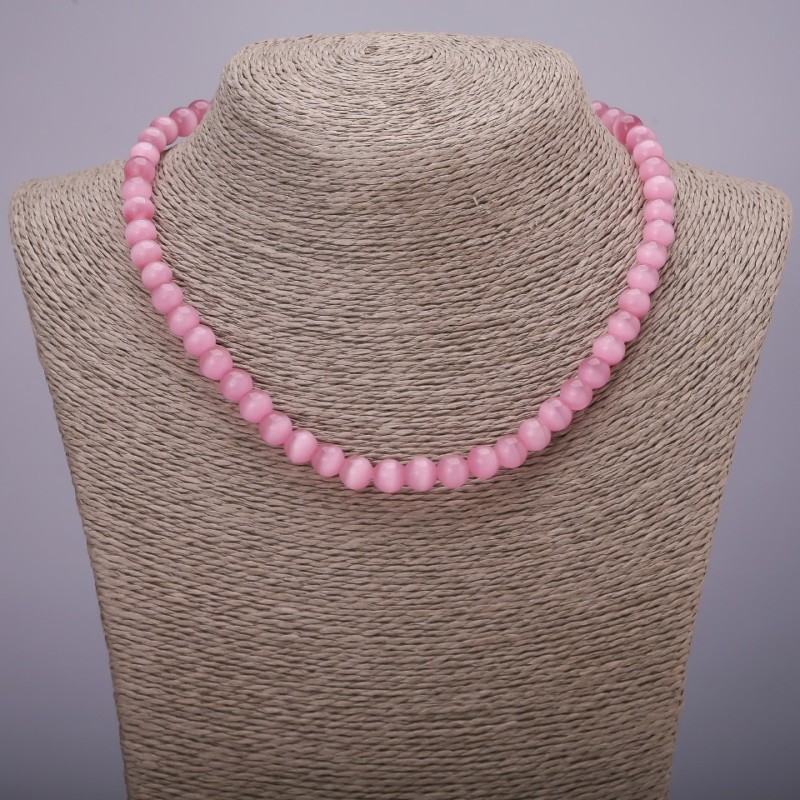 Pink Cat's-Eye Bead Necklace with Smooth Beads, 8 mm Diameter, 42 cm Length