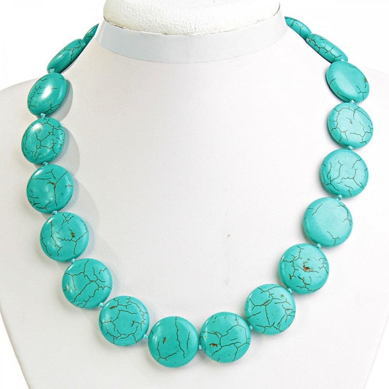 Veined Turquoise Coin-Bead Necklace, 22 mm, 48 cm long