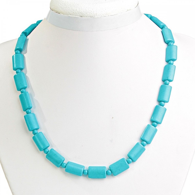 Blue Turquoise Necklace with Rectangular 10×15 mm Stones and Beads Between Them, 49 cm Long