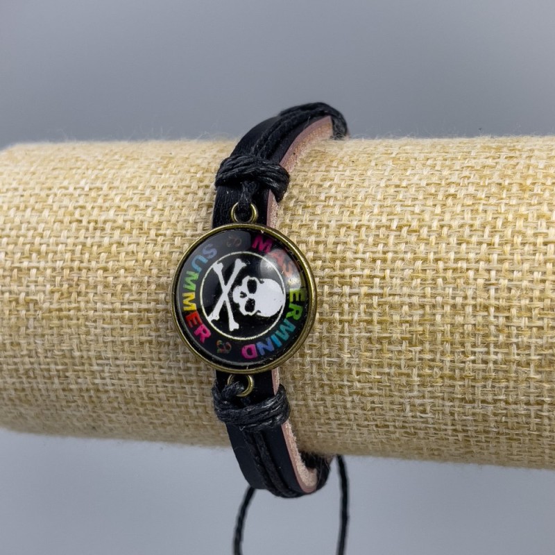 Eco-leather bracelet with a multicolored skull and inscription on drawstrings (1 pc)