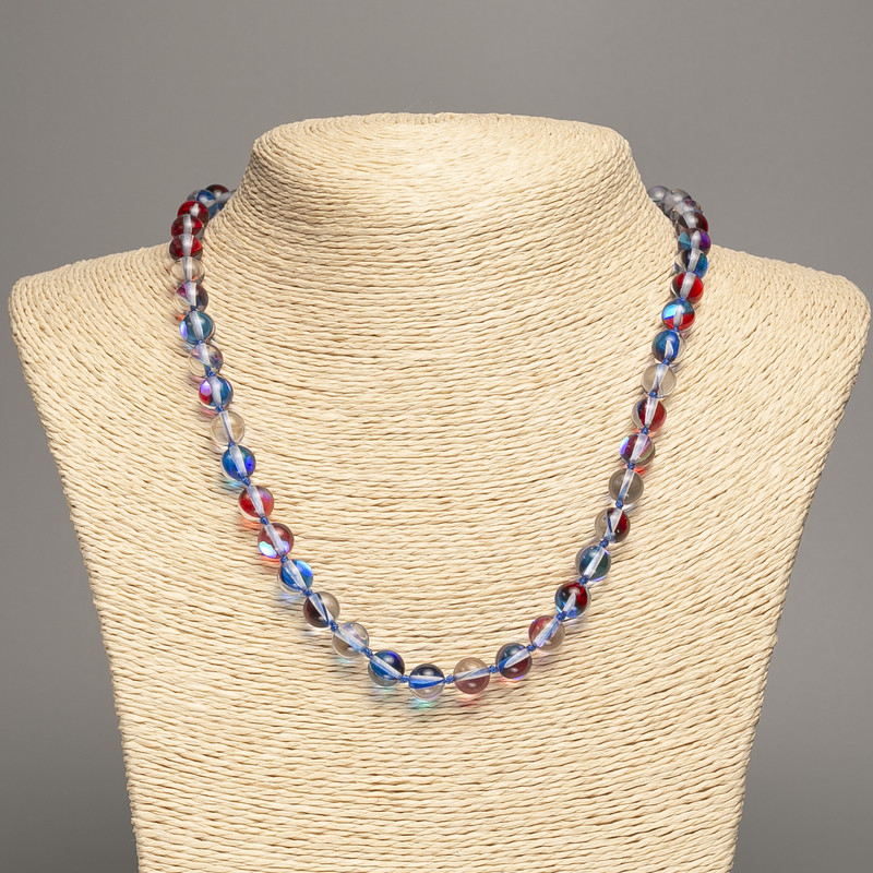 Opal Glass Necklace 'Blue Chameleon' Smooth Beads, 8 mm Diameter ±, Length 49 cm ±