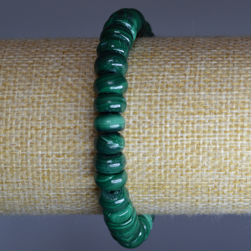 Natural Malachite Bracelet, smooth rondel beads, diameter 9×5 mm, length 18 cm (stretch)
