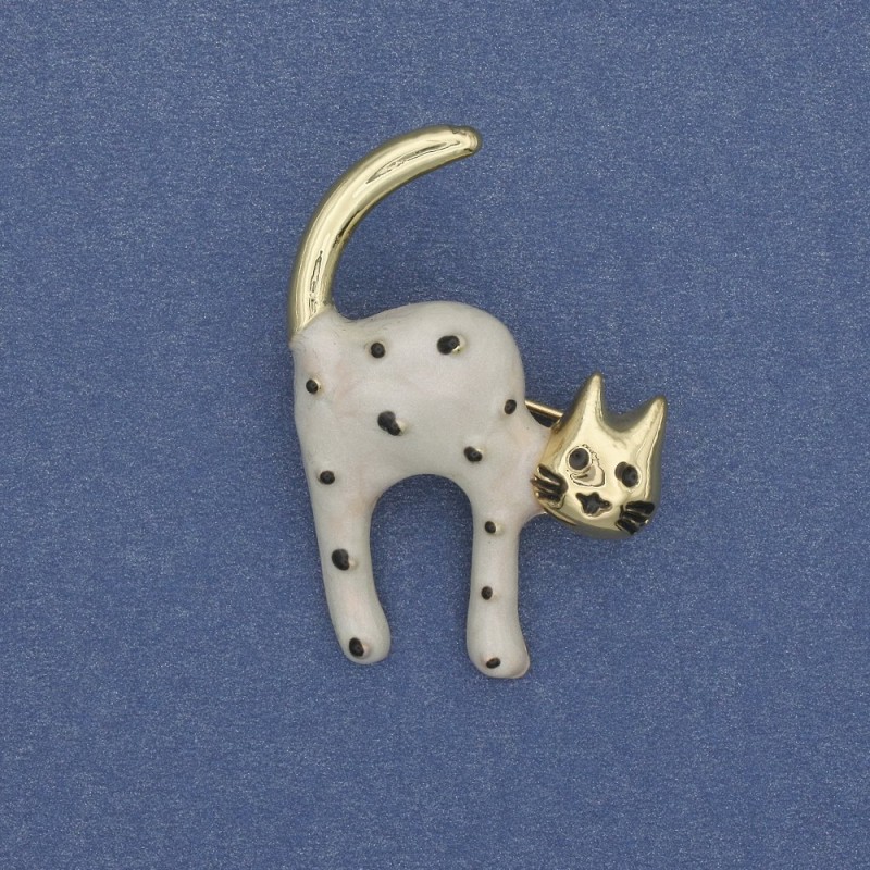 Cat Brooch in White and Black Mother-of-Pearl, Gold Metal 28x37mm