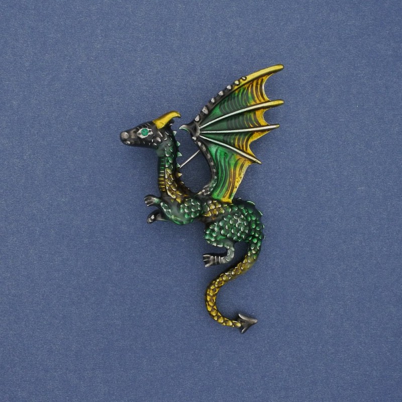 Dragon Brooch green and yellow enamel
