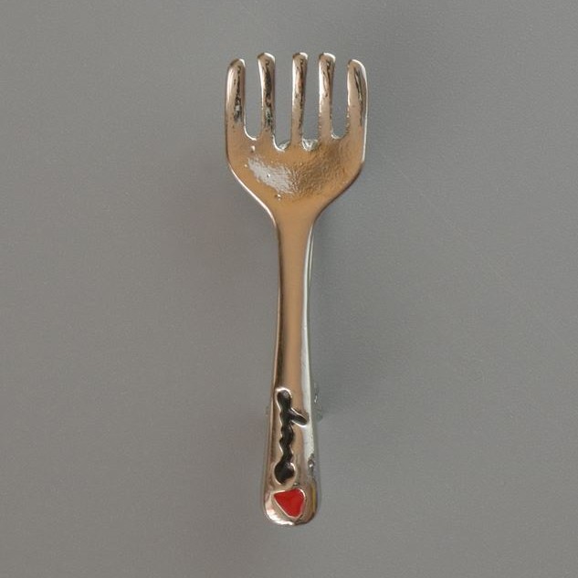 Fork-shaped Brooch with White and Black Enamel on Silver-Tone Metal 11×36 mm