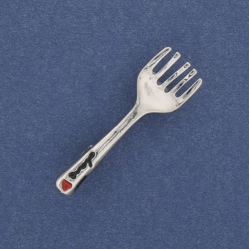 Fork-shaped Brooch with White and Black Enamel on Silver-Tone Metal 11×36 mm