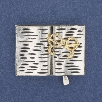 Brooch 'Book with Glasses' gray and gold enamel, silver-colored metal 35x26mm