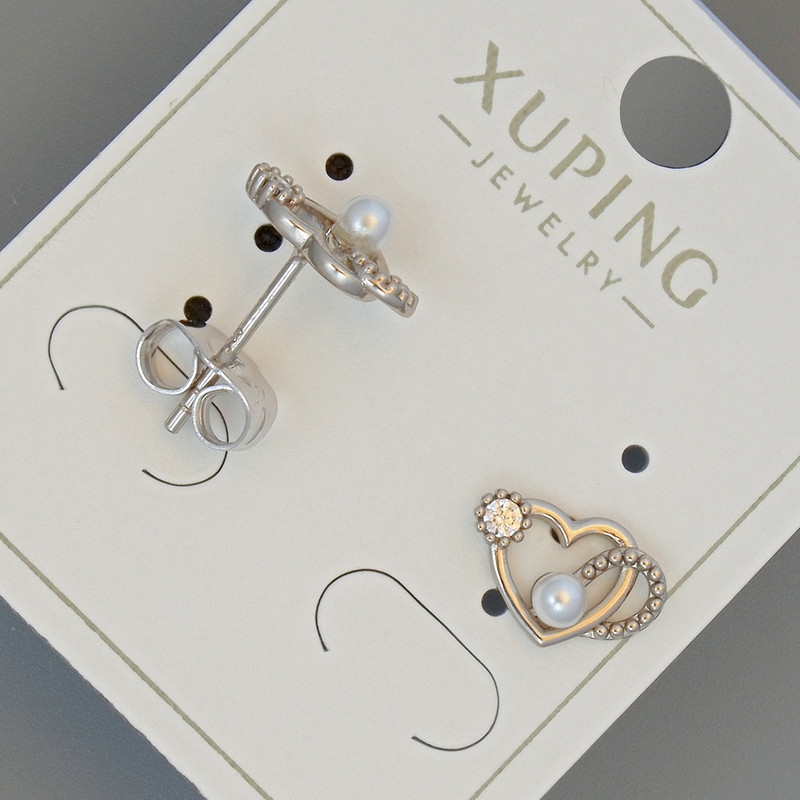 'Heart' Stud Earrings Xuping with white crystal and bead, diameter 11×7mm rhodium-plated