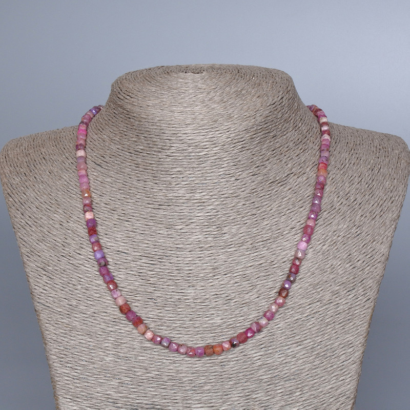 Ruby Necklace with Natural Gemstone, Faceted Cube-cut Beads, 4 mm Diameter, 48 cm Length