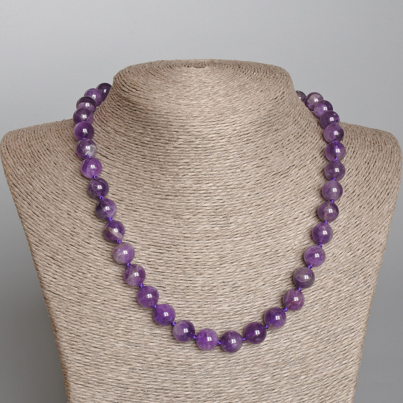 Natural Amethyst Necklace with Smooth Beads, 10 mm Diameter, 48 cm Length ±