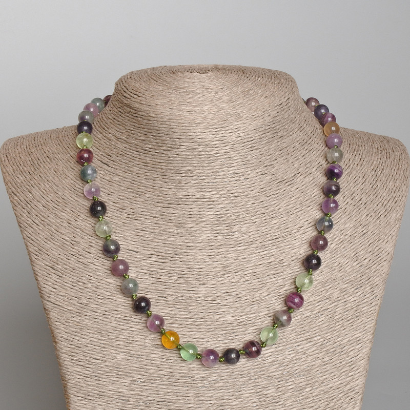Fluorite Necklace with Natural Stone Smooth Beads, 8 mm Diameter ±, Length 49 cm ±