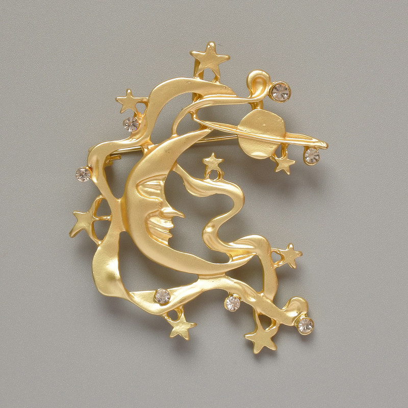 Moon Brooch-Pendant with White Crystals, Matte Gold Metal 43×51mm