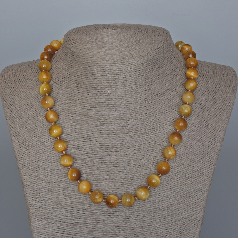 Yellow Cat's Eye Necklace, natural stone, smooth beads, diameter 10.5 mm, length 49 cm