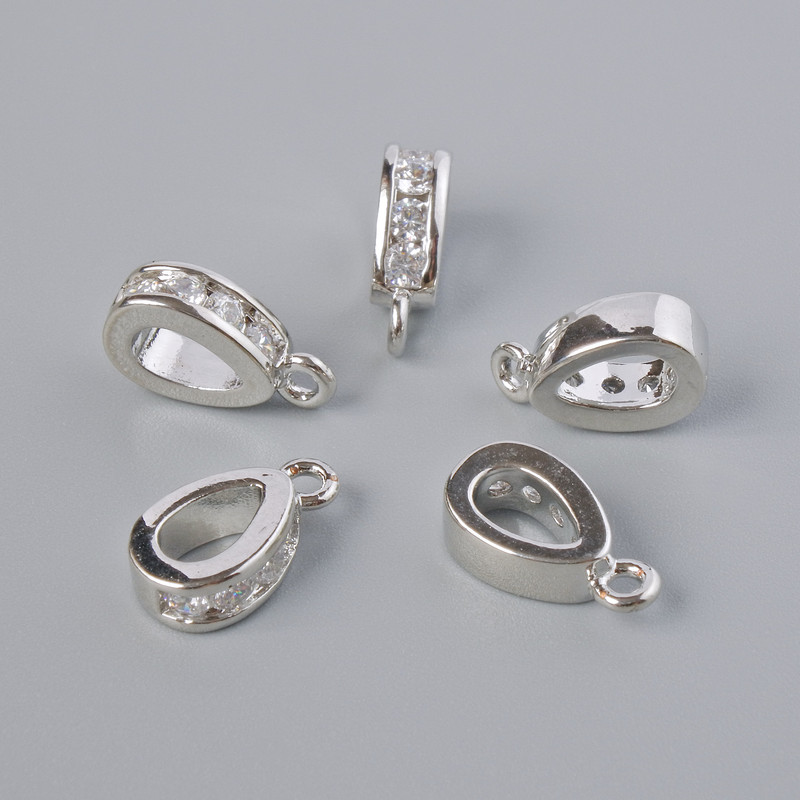 Pendant base with white rhinestones, silver-tone metal, approx. 11x3 mm, 1 pc