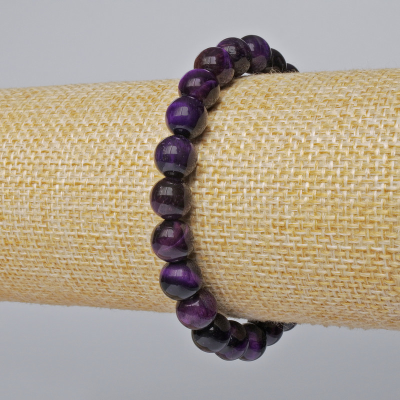 Purple Cat's Eye Bracelet, Natural Stone, Smooth Beads, 8.5 mm Diameter, 18 cm Length (stretch)