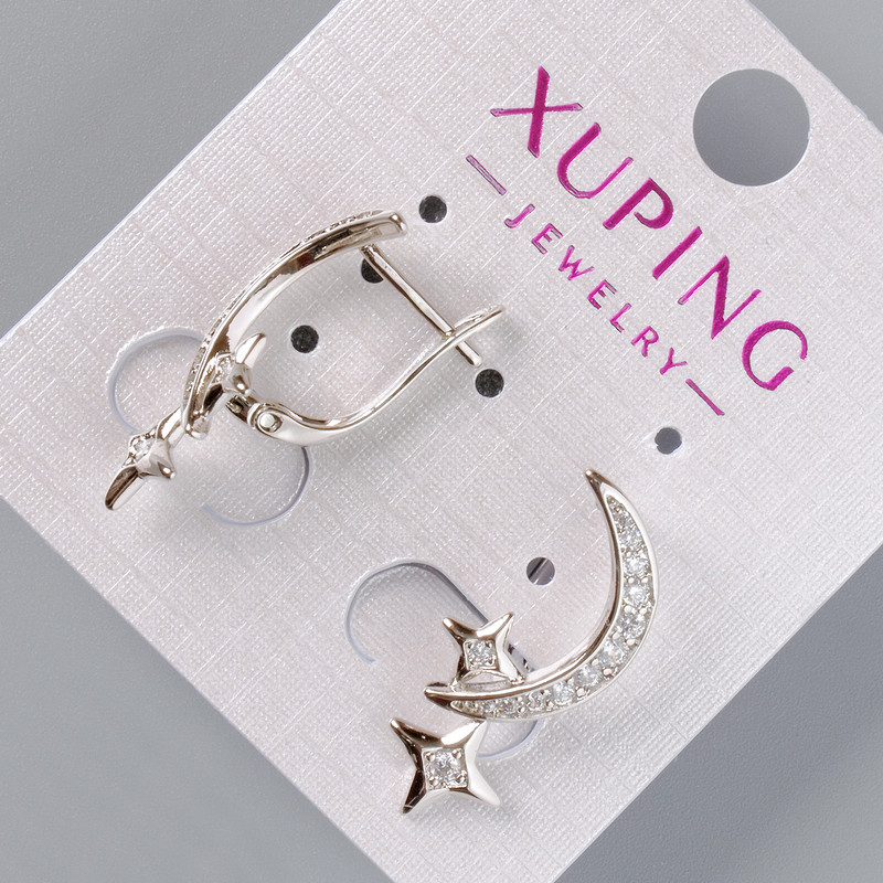 Earrings 'Moon and Stars' Xuping with white crystals, diameter 24 mm, 5x10 mm, rhodium
