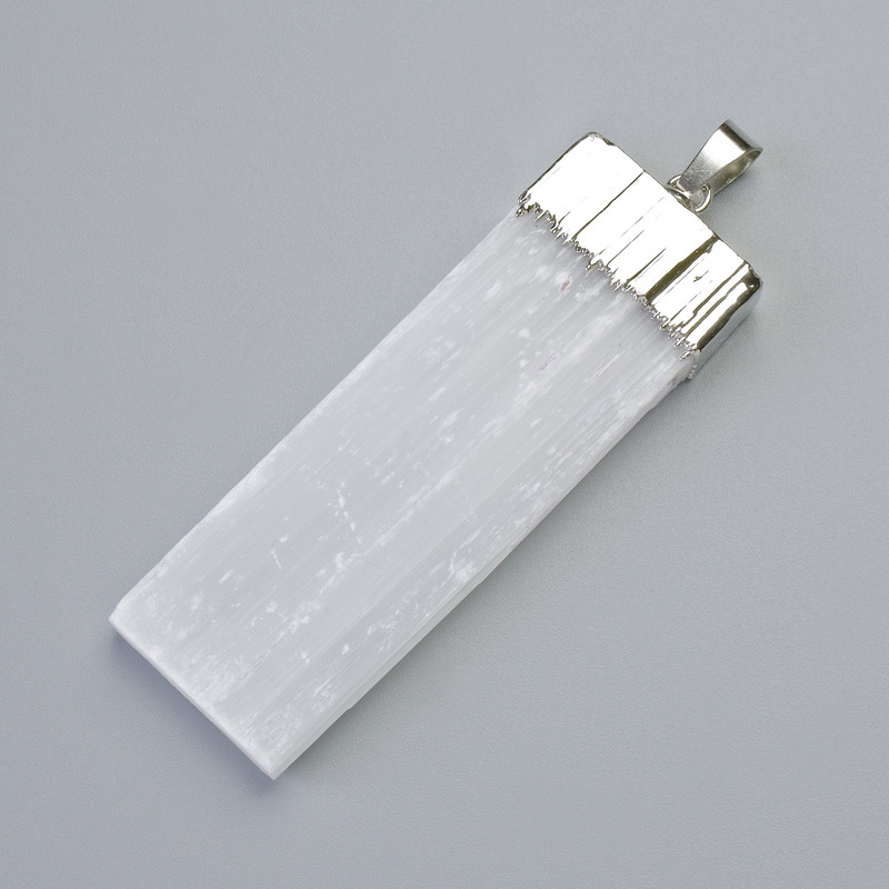 Pendant of Unpolished Selenite Mineral, Silvery Metal, Diameter 61×22×6, 5mm+-, Length 73mm+-