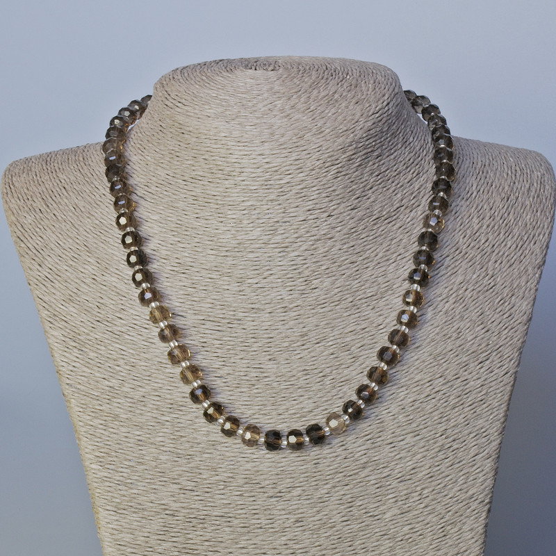 Smoky Topaz Necklace with Faceted Rondelles and Seed Beads, Natural Stone, Diameter 7.5×6 mm, Length 45–47 cm