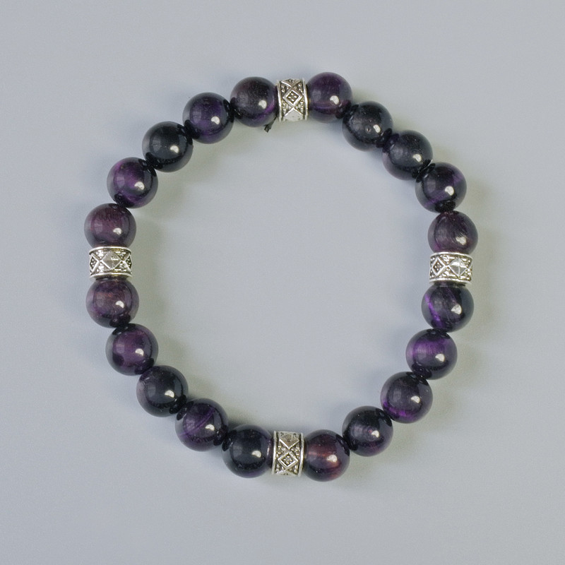 Bracelet with Purple Cat's Eye, natural stone, smooth beads, diameter 8.5 mm +/- (stretch), length 18 cm +/- with metal inserts