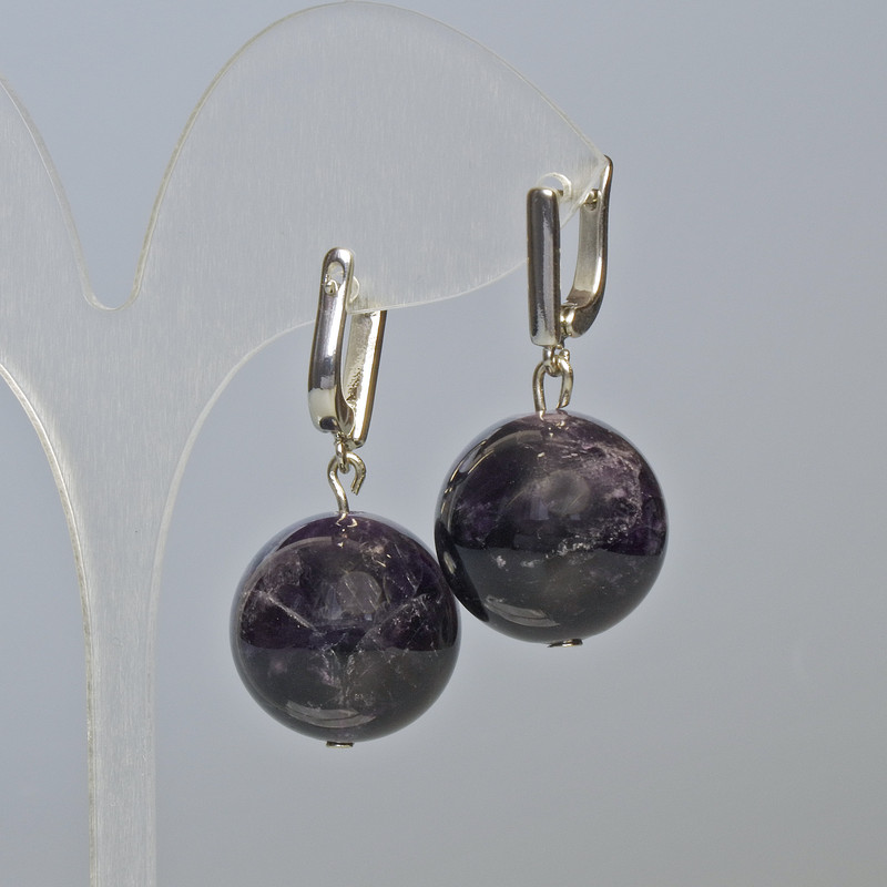Amethyst Earrings, Natural Stone Smooth Ball, 18 mm Diameter ±, 35 mm Length ±, English Clasp