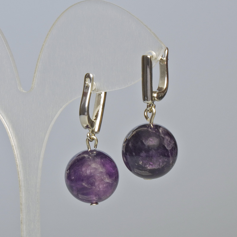 Amethyst earrings, natural stone, smooth ball, diameter 16mm ±, length 33mm ±, English clasp