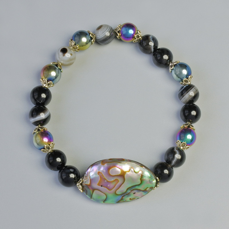 Bracelet with Agate and Hematite, smooth beads, 8 mm in diameter ± (stretch), length 18 cm ±, with Haliotis insert, 29×16 mm ±