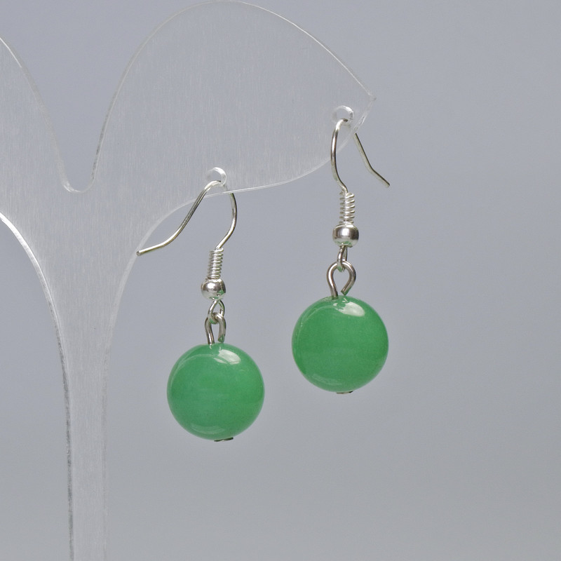 Jade Earrings with natural jade stone, smooth ball, diameter 12 mm, length 34 mm