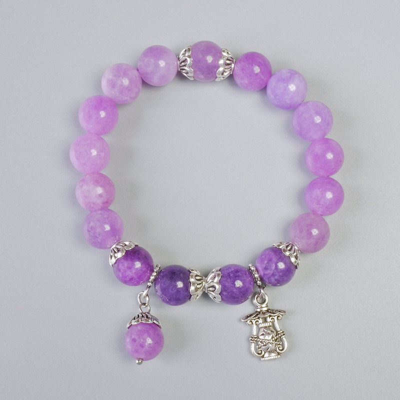 Sugilite and Amethyst-Toned Quartz Bracelet, smooth beads, 10.5 mm diameter ±, stretch, length 18 cm ± with metal inlays