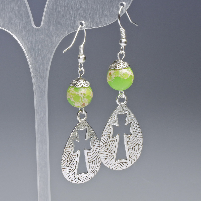 Variscite Earrings, Salad-Green (Pressed), Smooth Ball, 10 mm diameter, 19.5×31 mm, length 63 mm ± with metal inserts