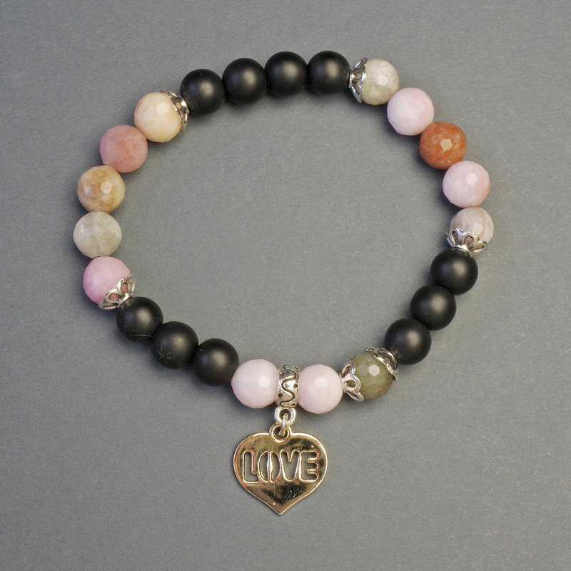 Shungite and Tourmaline Bracelet with Heart Pendant, 8 mm diameter, 18 cm length, stretch