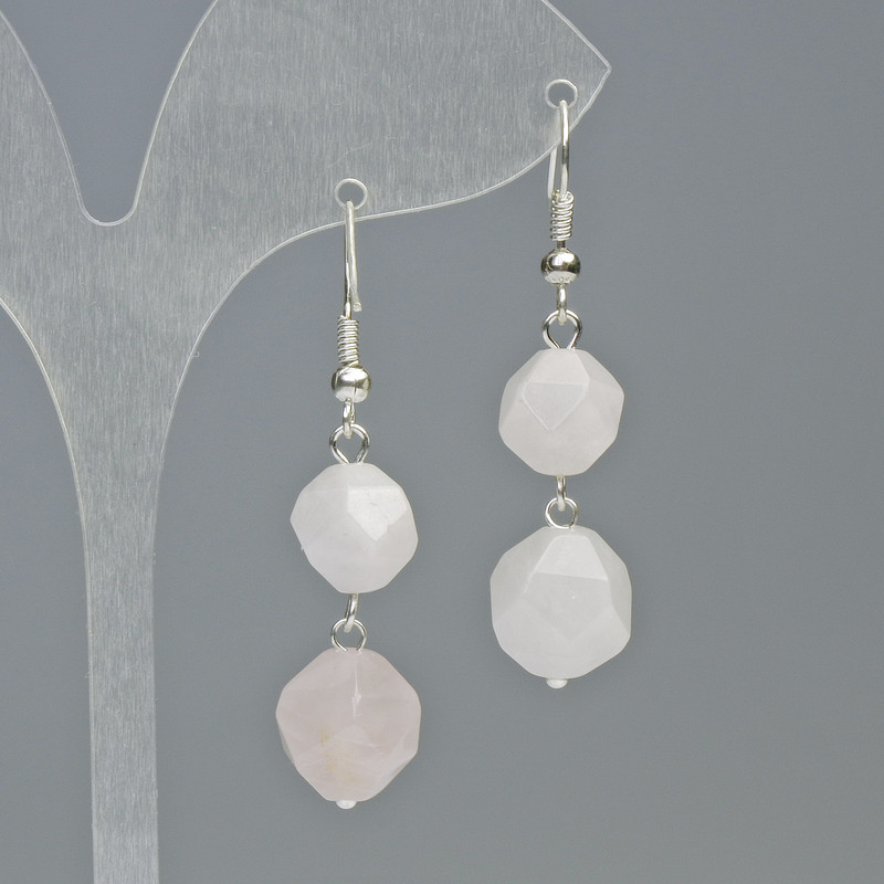 Rose quartz earrings with a faceted ball, diameter 10.5–8.5 mm+